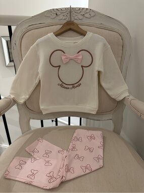 🤍 18~24 Mth Disney Baby Ivory and Pink Minnie Mouse Embroidered Lounge Set NWT